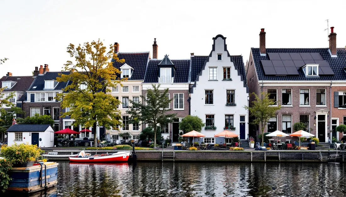 Zonnepanelen op Amsterdamse woningen langs een gracht